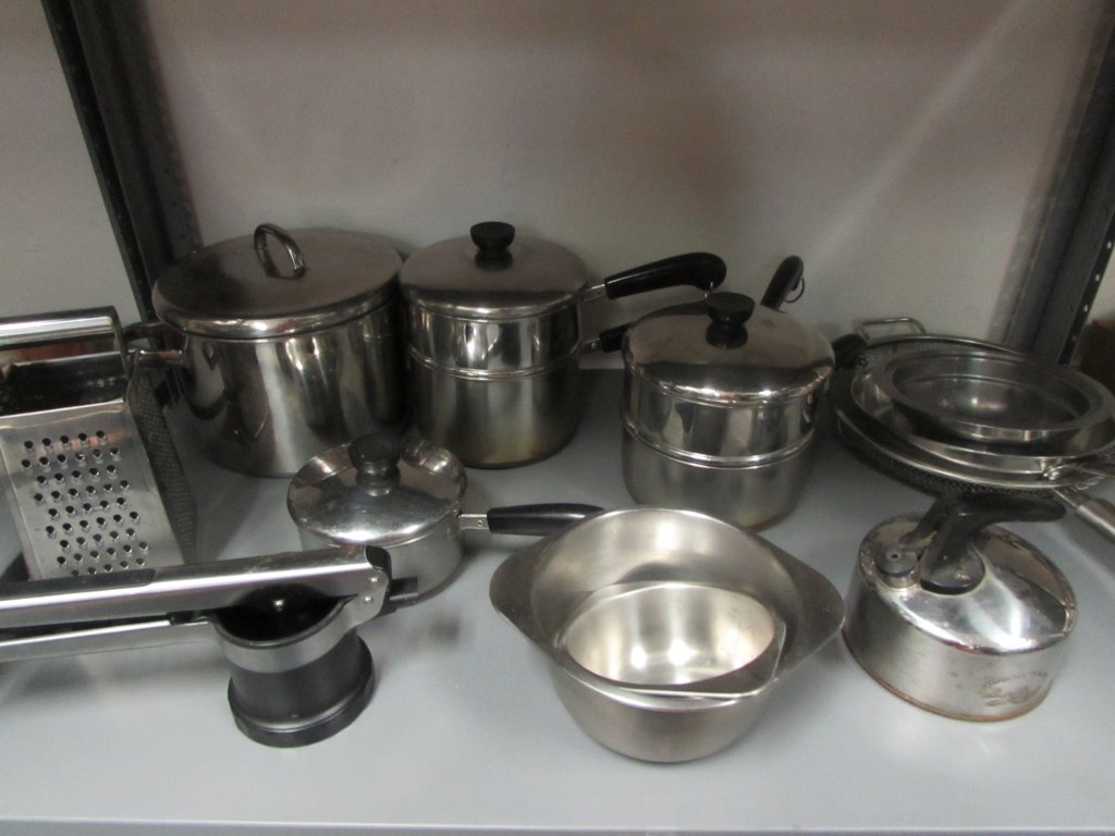 STAINLESS STEEL KITCHENWARE: STAINLESS STEEL KITCHENWARE INCLUDES: POTS AND PANS, SKILLET, CHEESE GRATER, MIXING BOWLS AND MORE.