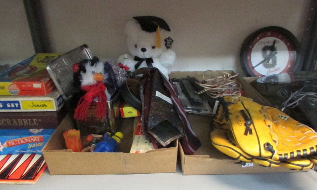 VINTAGE BOARD GAMES AND WALL CLOCKS: VINTAGE BOARD GAMES AND WALL CLOCKS ALSO INCLDES: HORSE SHOE SET, JUNIOR CHESS SET, CRIBBAGE BOARD. MENS TIES, BEADED PURSE, BASEBALL GLOVE, PANASONIC TELEPHONE.