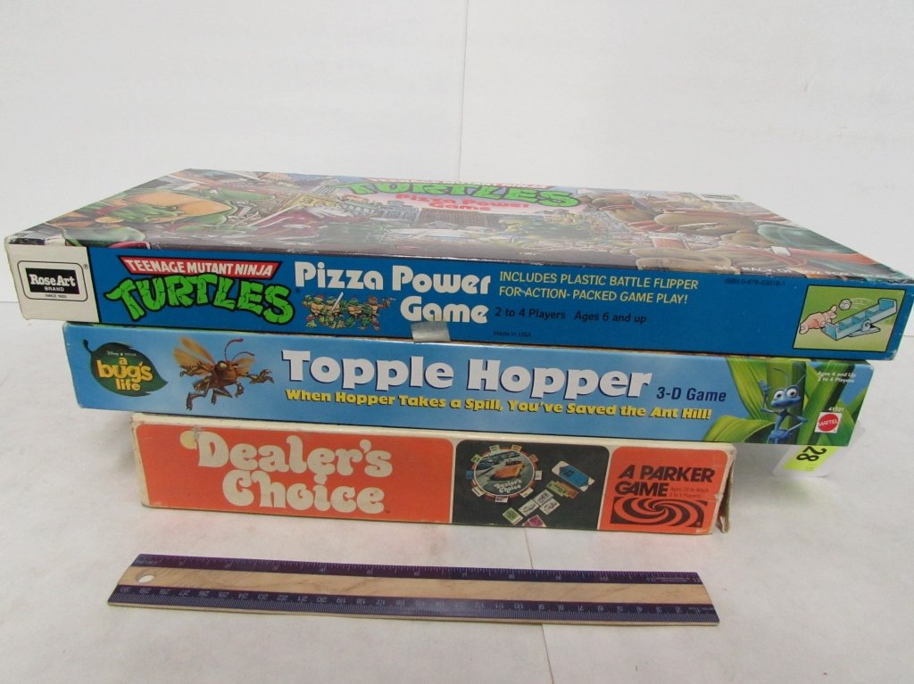 3 VINTAGE BOARD GAMES: TEENAGE MUTANT NINJA TURTLES, (A BUGS LIFE) TOPPLE HOPPER GAME, & DEALER'S CHOICE