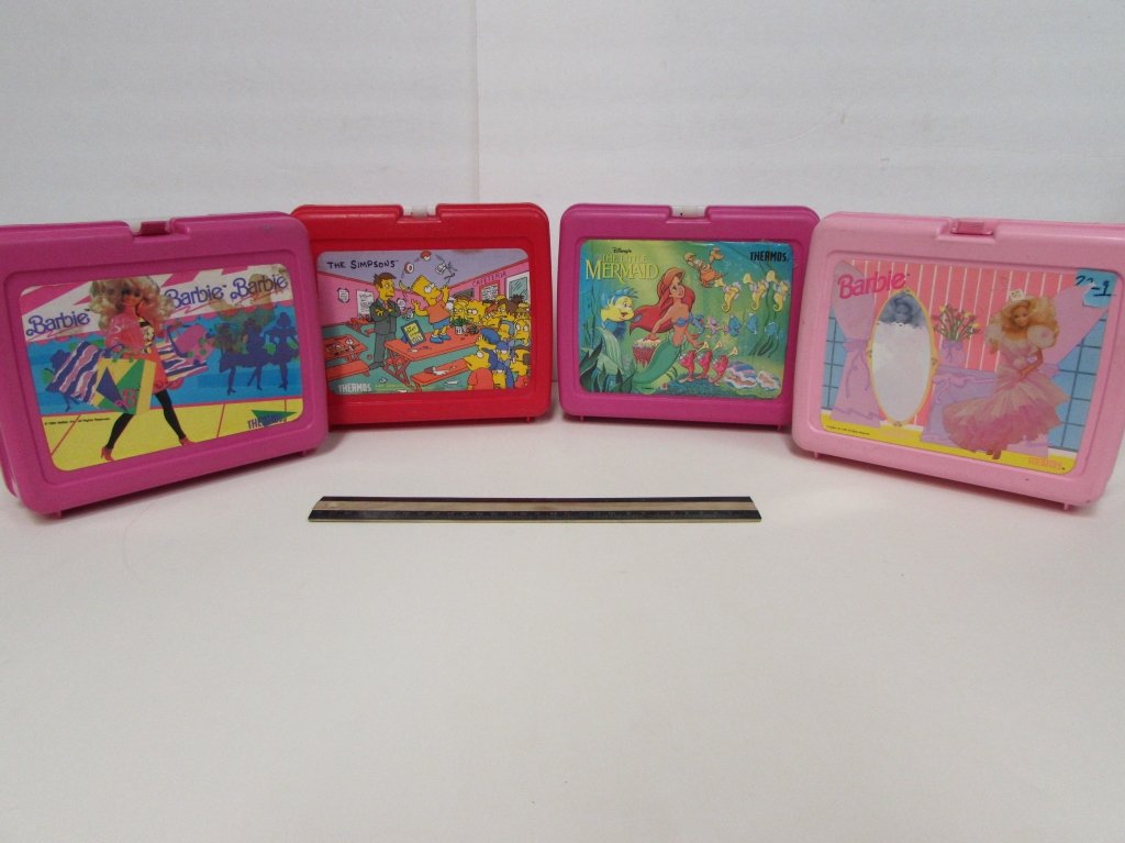 4 VINTAGE PLASTIC LUNCH BOXES: THE LITTLE MERMAID (INCLUDES THERMOS), 1990 BARBIE (INCLUDES THERMOS), BARBIE, & THE SIMPSONS