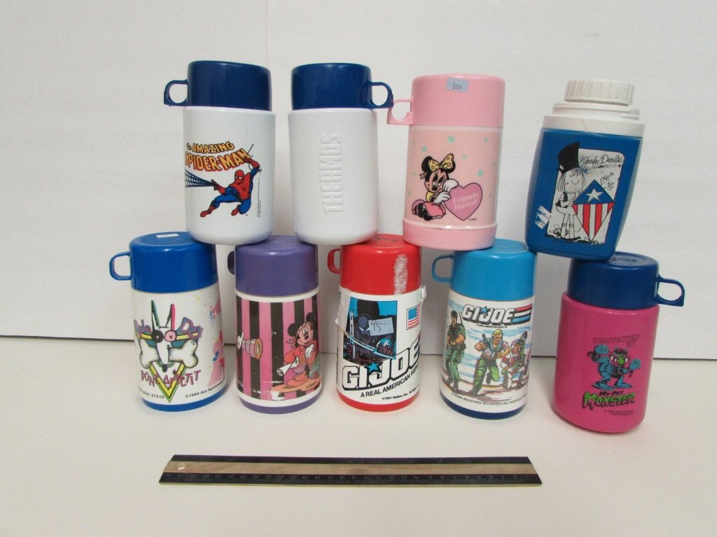 VINTAGE PLASTIC THERMOS BOTTLES (9): SPIDER-MAN, MICKEY MOUSE, YANKEE DOODLE (NO LID), 1991 GI JOE, 1986 GI JOE, MINNIE MOUSE, MY PET MONSTER, RUDE DOG, & NFL