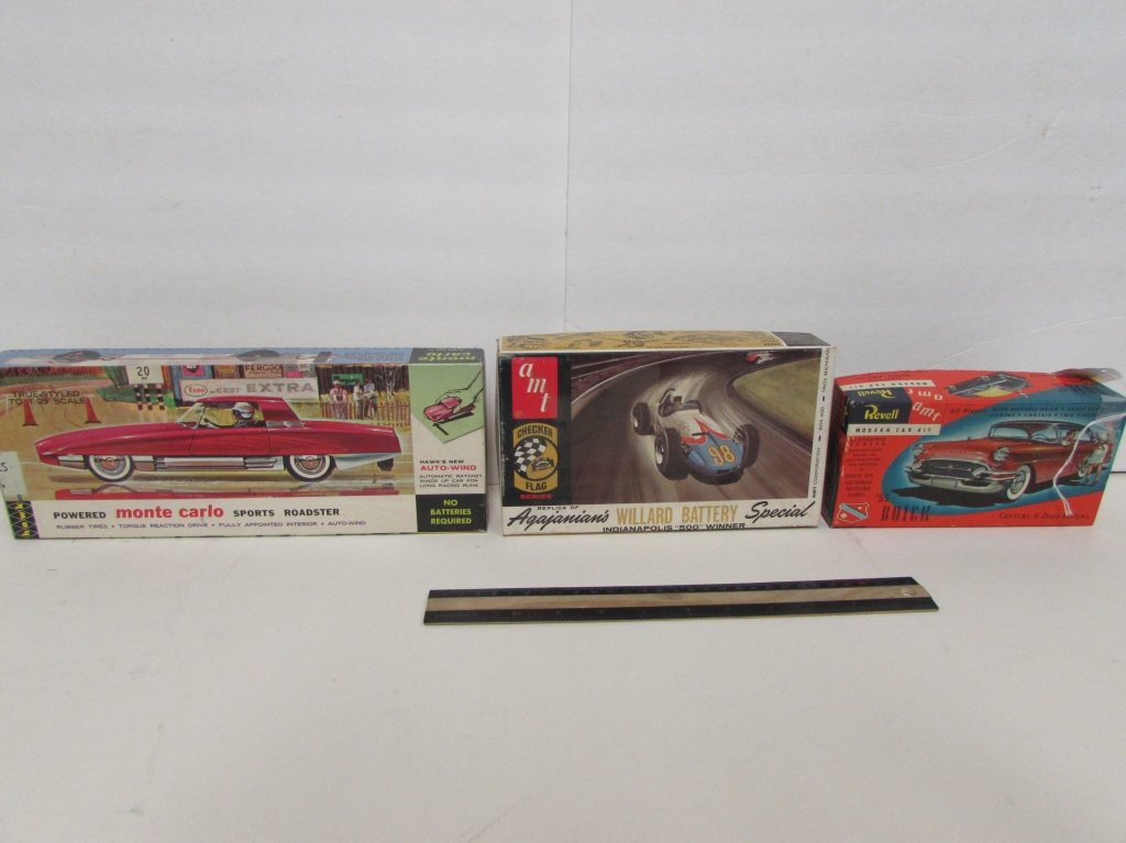 3 VINTAGE CAR MODEL KITS: 55 BUICK RIVIERA, INDIANAPOLIS "500" WINNER, & BATTERY OPERATED MONTE CARLO