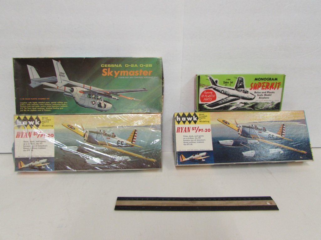 4 VINTAGE PLASTIC AIRCRAFT MODEL KITS: SABRE JET F-86 KIT T5, CESSNA O-2A 02B SKYMASTER, & (2) RYAN ST/PT-20,