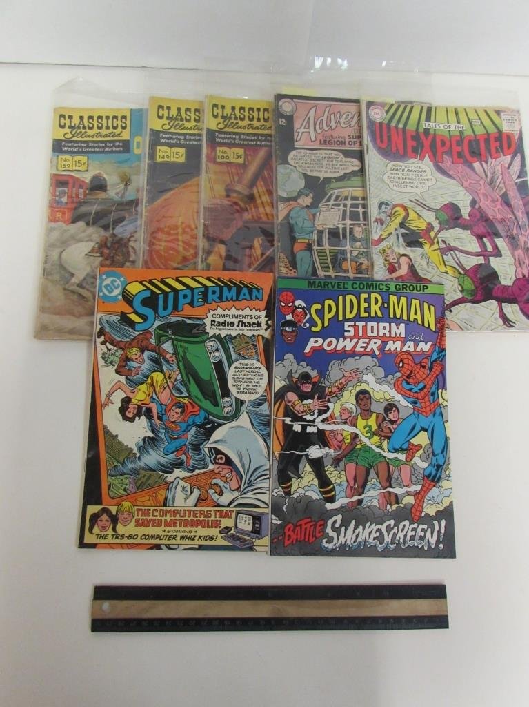 VINTAGE COMIC BOOKS (7): CLASSIC ILLUSTRATED: THE OCTOPUS, OFF ON COMET, MUTINY OF THE BOUNTY TALES OF THE UNEXPECTED, ADVENTURE COMICS, SPIDERMAN, & SUPERMAN