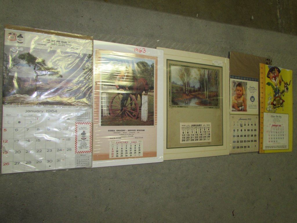 VINTAGE ADVERTISING CALENDARS (5): 1952 SANITARY DIAPER SERVICE, 1963 CAHILL GROCERY SERVICE SERVICE STATION, 1964 KJAR HAY & GRAIN CO., 1979 JOHNNY'S SHOE SHOP, 1936 AUTUMN SCENE CALENDAR