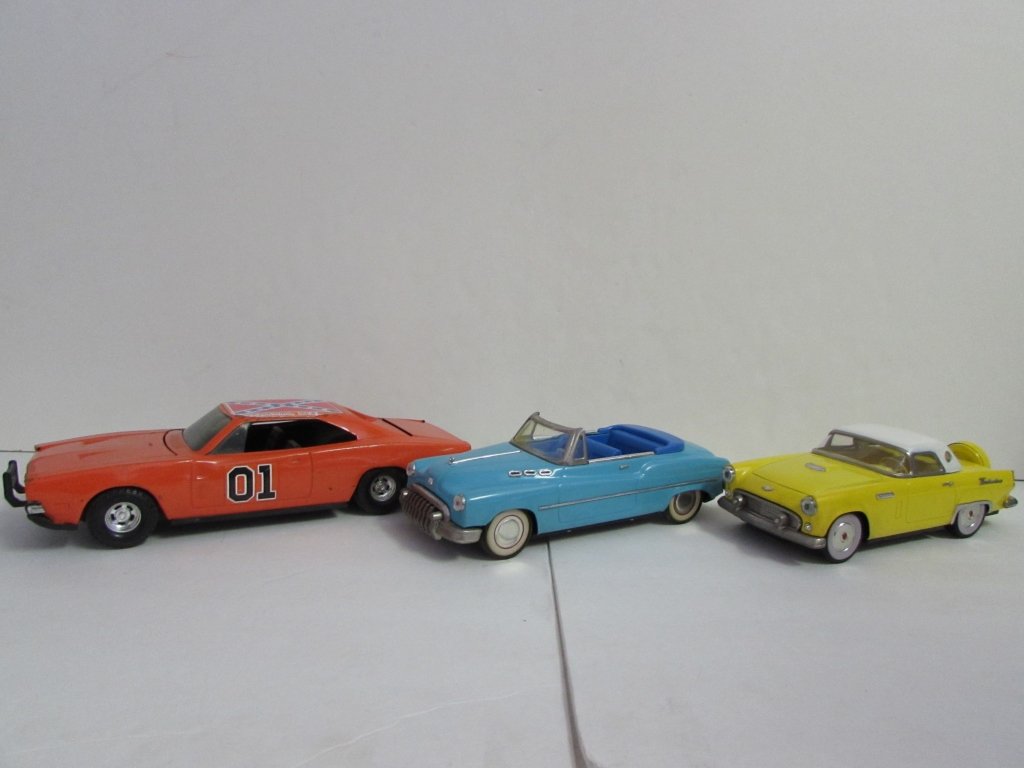VINTAGE COLLECTIBLE TOY CARS (3): YELLOW THUNDERBIRD, GENERAL LEE CAR, & ONE BLUE CONVERTIBLE, ALL ARE IN GOOD CONDITION