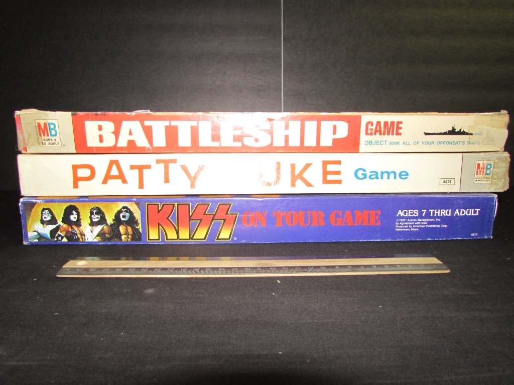 3 VINTAGE BOARD GAMES: BATTLESHIP, PATTY DUKE GAME, & KISS ON TOUR GAME