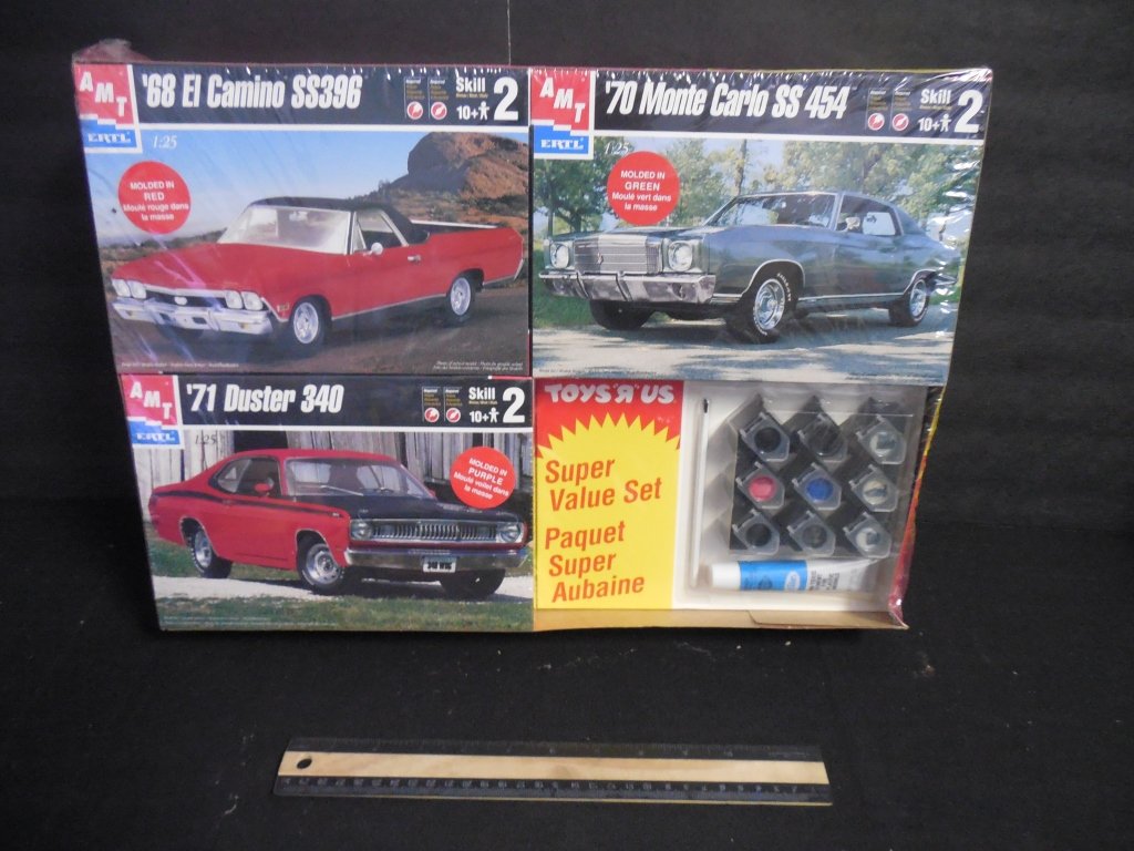 AMT 3 PACK PLASTIC CAR MODEL KITS: ORIGINAL PACKAGING, 68 ELCAMINO SS396, 70 MONTE CARLO SS 454, & A '71 DUSTER 340