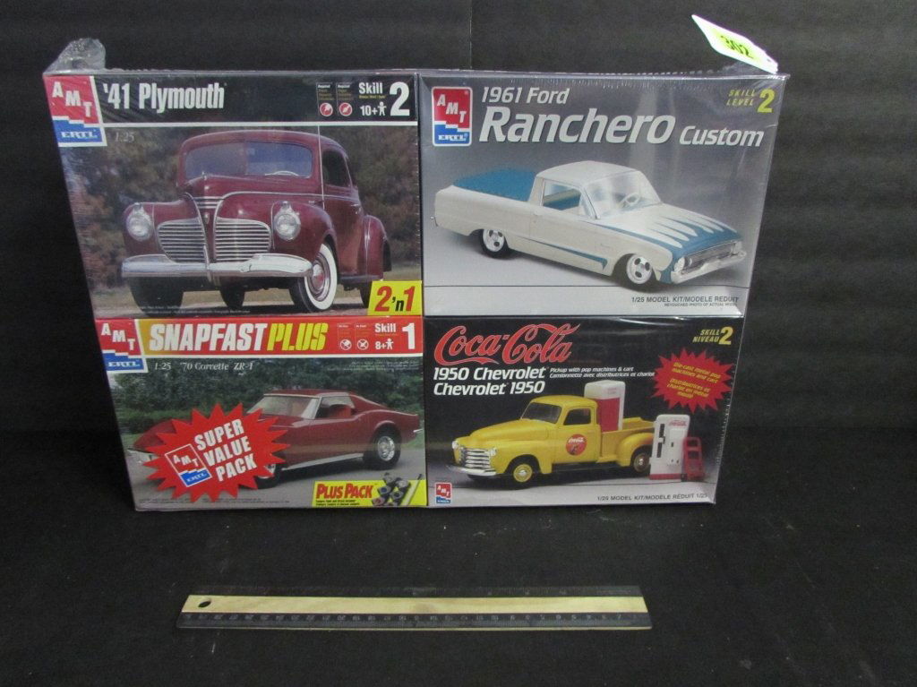 CAR MODEL KIT (4 PACK): ORIGINAL PACKAGING, 41 PLYMOUTH, 1961 FORD RANCHERO CUSTOM, 1950 CHEVROLET COCA COLA CAR, 70 CORVETTE ZR-1