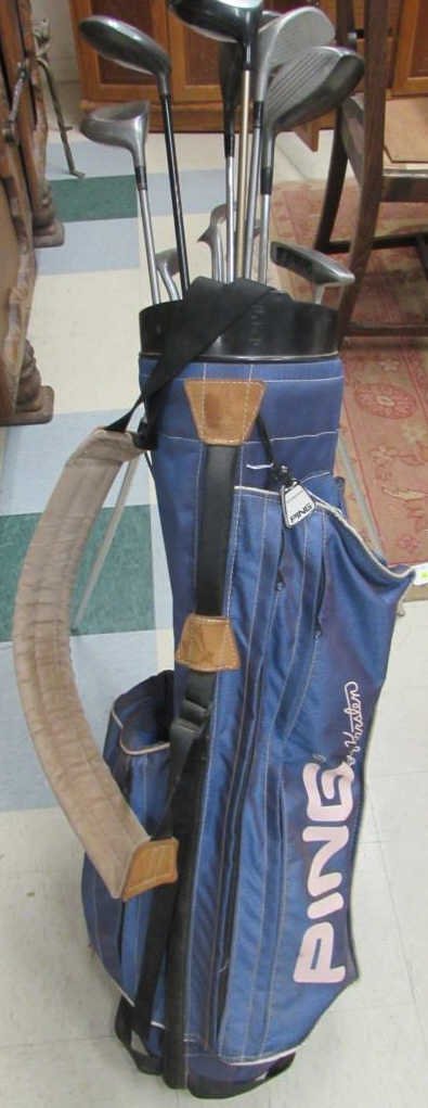 Ping GOLF CLUBS AND CARRYING BAG: Ping GOLF CLUBS AND CARRYING BAG PING BY KARSTEN CARRYING BAG & 9 ASSORTED GOLF CLUBS