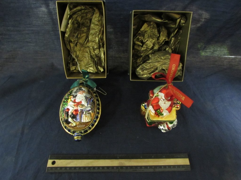 WATERFORD HAND BLOWN CHRISTMAS ORNAMENTS (2): WATERFORD HAND BLOWN CHRISTMAS ORNAMENTS (2) LIMITED EDITION CHRISTMAS WISH LIST AND SANTA'S WORKSHOP