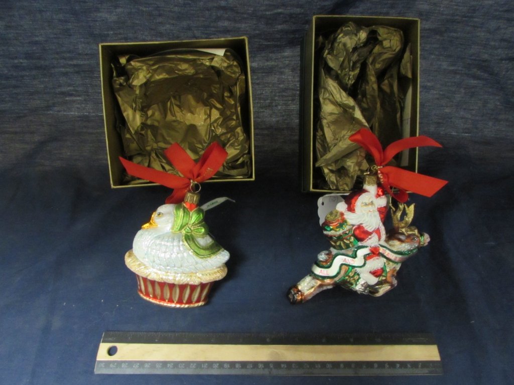 WATERFORD CHRISTMAS HAND BLOWN ORNAMENTS (2): WATERFORD CHRISTMAS HAND BLOWN ORNAMENTS (2) LIMITED COLLECTION BY WATERTFORD, SANTA ON REINDEER AND ONE GOOSE ALAYING HAND BLOWN GLASS ORNAMENTS