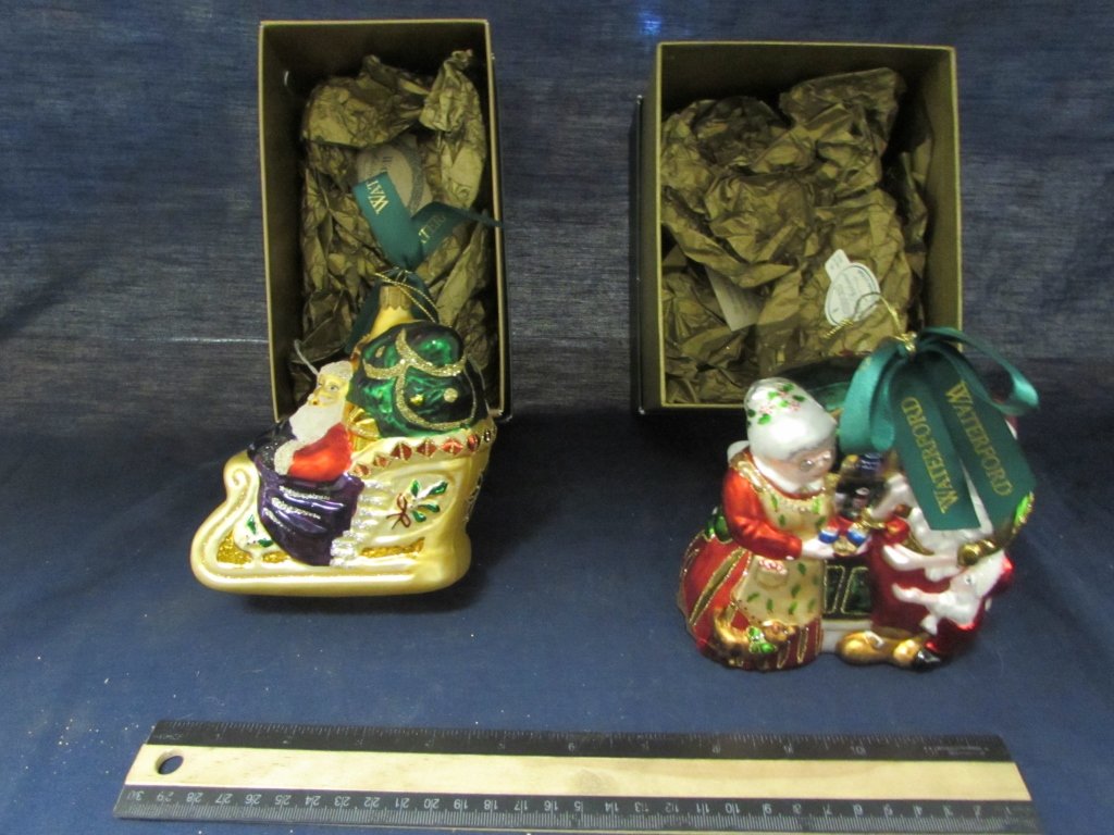 WATERFORD CHRISTMAS HAND BLOWN ORNAMENTS (2): WATERFORD CHRISTMAS HAND BLOWN ORNAMENTS (2) LIMITED EDITION COLLECTION, ALMOST MIDNIGHT AND SANTA'S SLEIGH RIDE ORNAMENTS