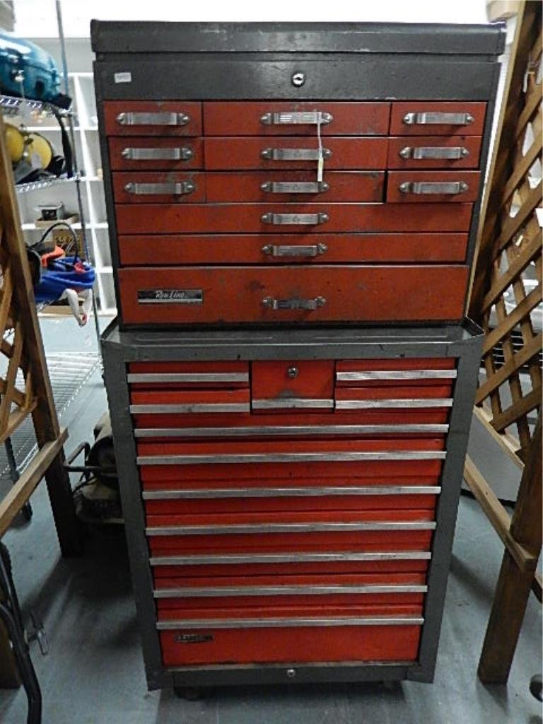 REM LINE TOOL BOX: REM LINE TOOL BOX LARGE METAL TOOL BOX ON CASTERS, COME WITH CONTENTS, 2 TIERED BOX WITH SCREW DRIVERS, RACHETS, AND MORE