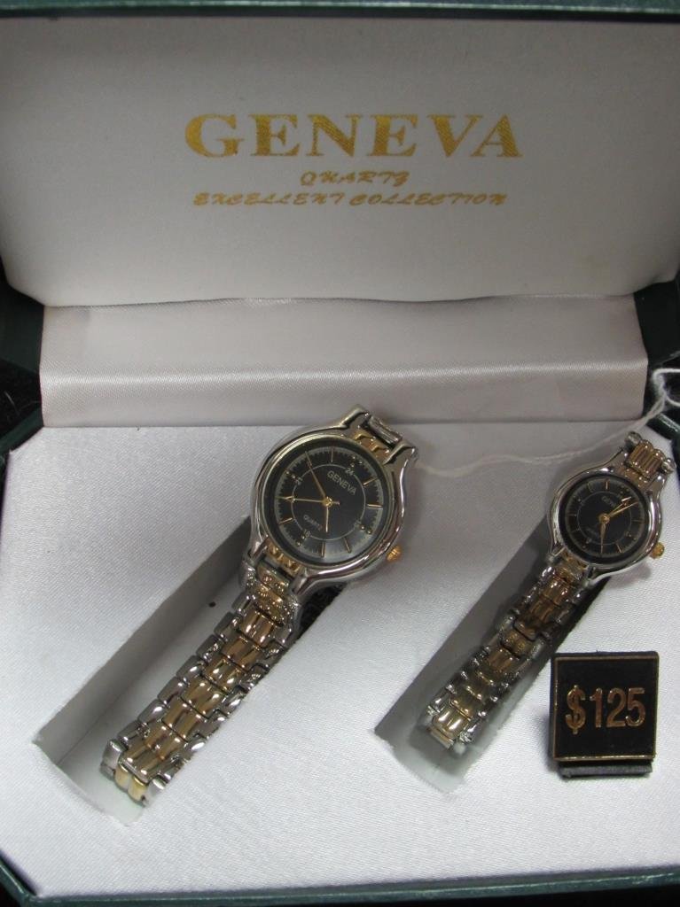GENEVA QUARTZ WATCH (2): GENEVA QUARTZ WATCH (2) MATCHING HIS AND HERS WATCHES, GOLDTONE AND SILVER TONE, GOOD CONDITION