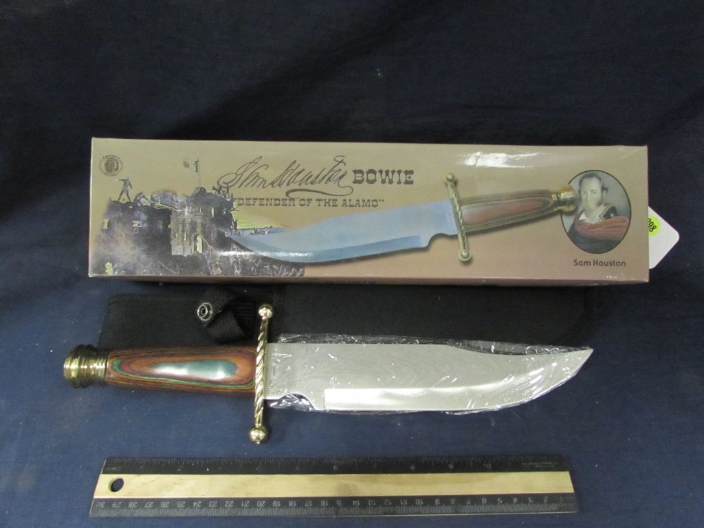 SAM HOUSTON CW-86CW BOWIE KNIFE: SAM HOUSTON CW-86CW BOWIE KNIFE CHIPAWAY CUTLERY BOWIE KNIFE WITH SHEATH AND PRESENTATION BOX. 15" LONG