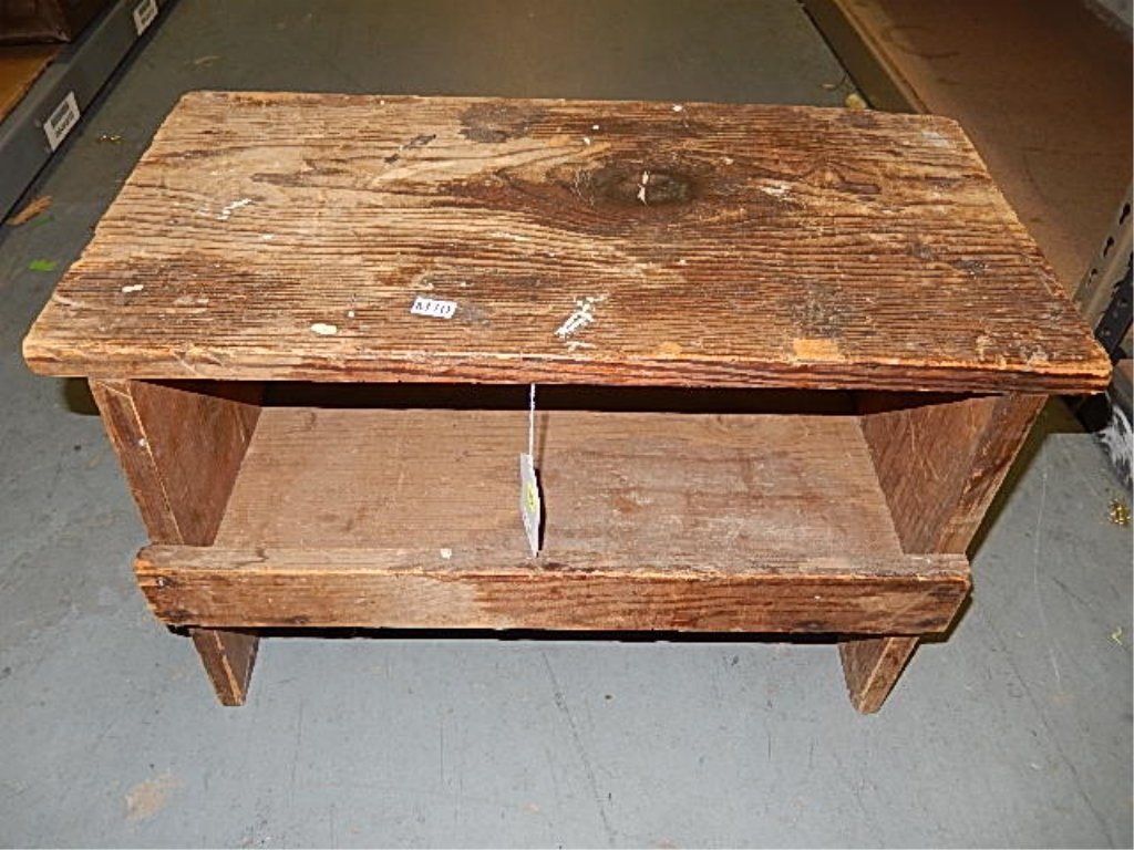 VINTAGE WOODEN GARDEN STOOL: VINTAGE WOODEN GARDEN STOOL SHOWS WEAR WITH EXTRA SHELF