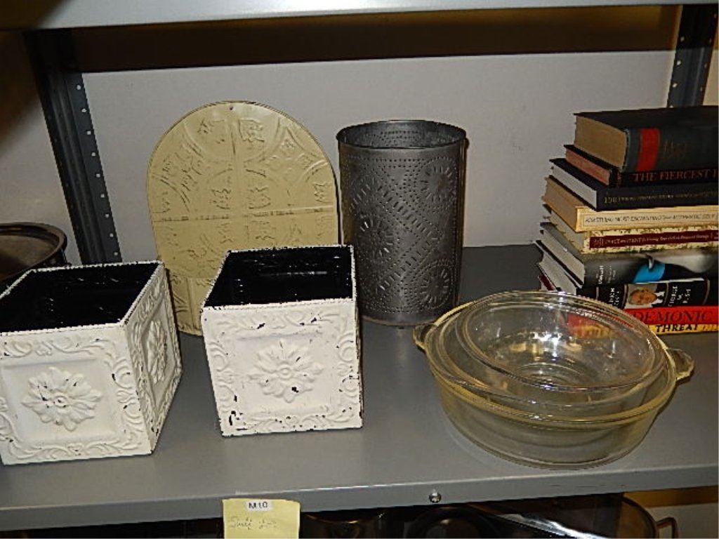 HOME DECOR AND BOOKS: HOME DECOR AND BOOKS PYREX BOWLS (4), SQUARE METAL SHABBY CHIC BOXES 7"X7", PUNCH METAL TRASH CAN AND 9 HARDCOVER