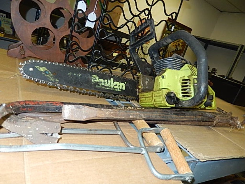 CHAIN SAW AND VARIOUS TOOLS: CHAIN SAW AND VARIOUS TOOLS POULAN CHAIN SAW, CROW BARS, HAY BAIL HOOKS AND MORE