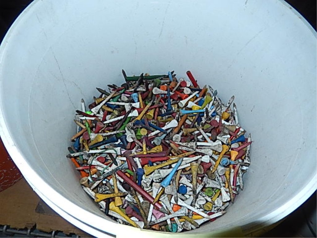 5 GALLON BUCKET WITH GOLF TEES: 5 GALLON BUCKET WITH GOLF TEES ONE HALF FULL BUCKET OF USED GOLF TEES