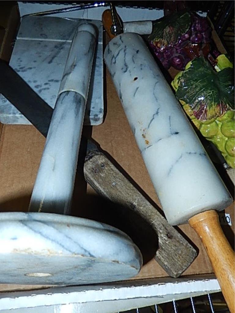 MARBLE KITCHENWARE: MARBLE KITCHENWARE PAPER TOWEL HOLDER, ROLLING PIN, CHEESE CUTTER, 12 x 12 MARBLE PIECE, AND CERAMIC GRAPE DECOR (MADE IN SPAIN)