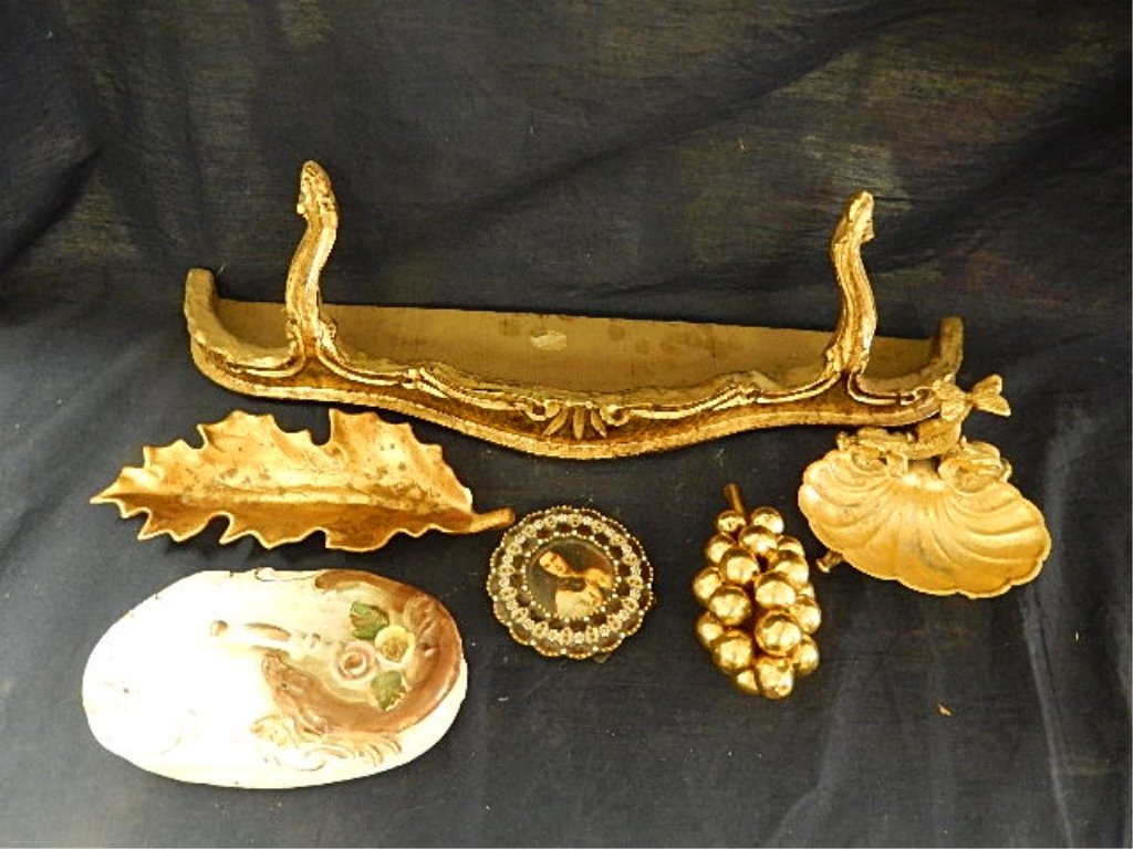 HOME DECOR: HOME DECOR GOLD LEAF WALL SHELF, RHINESTONE FRAME, GOLD TONE GRAPES & SOAP DISH, AND A TRINKET BOX