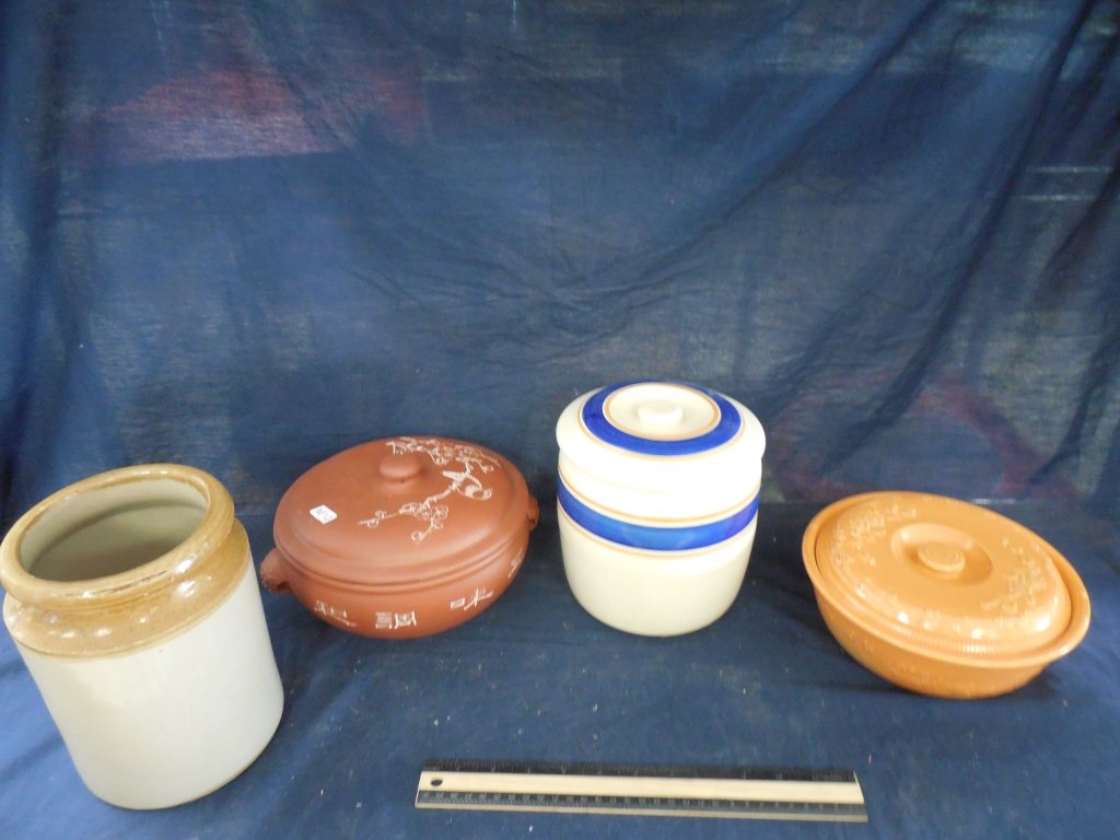 LIDDED JARS AND BOWLS: LIDDED JARS AND BOWLS ASIAN TERRA COTTA LIDDED BOWL, OVER-N-SERVE LIDDED BOWL, AND TWO OTHER VESSELS