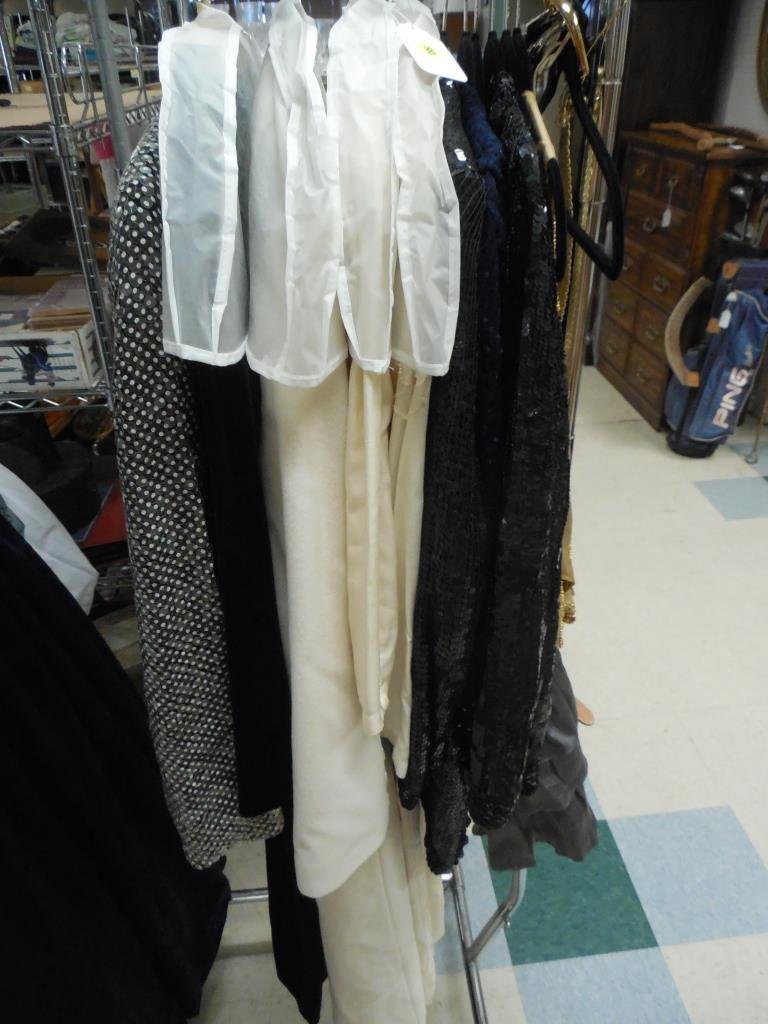 LADIES' EVENING DRESSES, BELT, COAT: LADIES' EVENING DRESSES, BELT, COAT LONG WHITE COAT SIZE 12P BRAND NAME CHADWICK, VARIOUS SIZE SEQUIN JACKETS, SEQUIN BLOUSE, VELVET AND SILK DRESSES AND FIVE BELTS