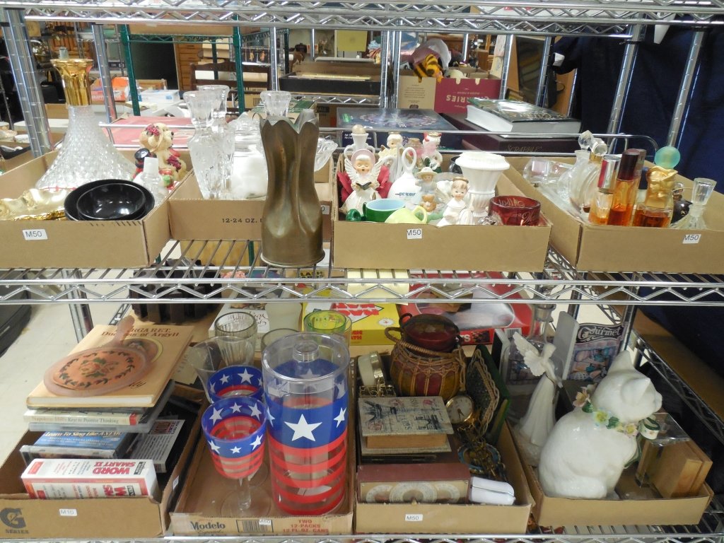 PERFUMES AND HOME DECOR: PERFUMES AND HOME DECOR LADIES PERFUME BOTTLES, GLASSWEAR, OUTDOOR PLASTIC TUMBLERS, CERAMIC FIGURINES, CLEAR GLASS CANDLE HOLDERS, (TWO-SHELF LOT)