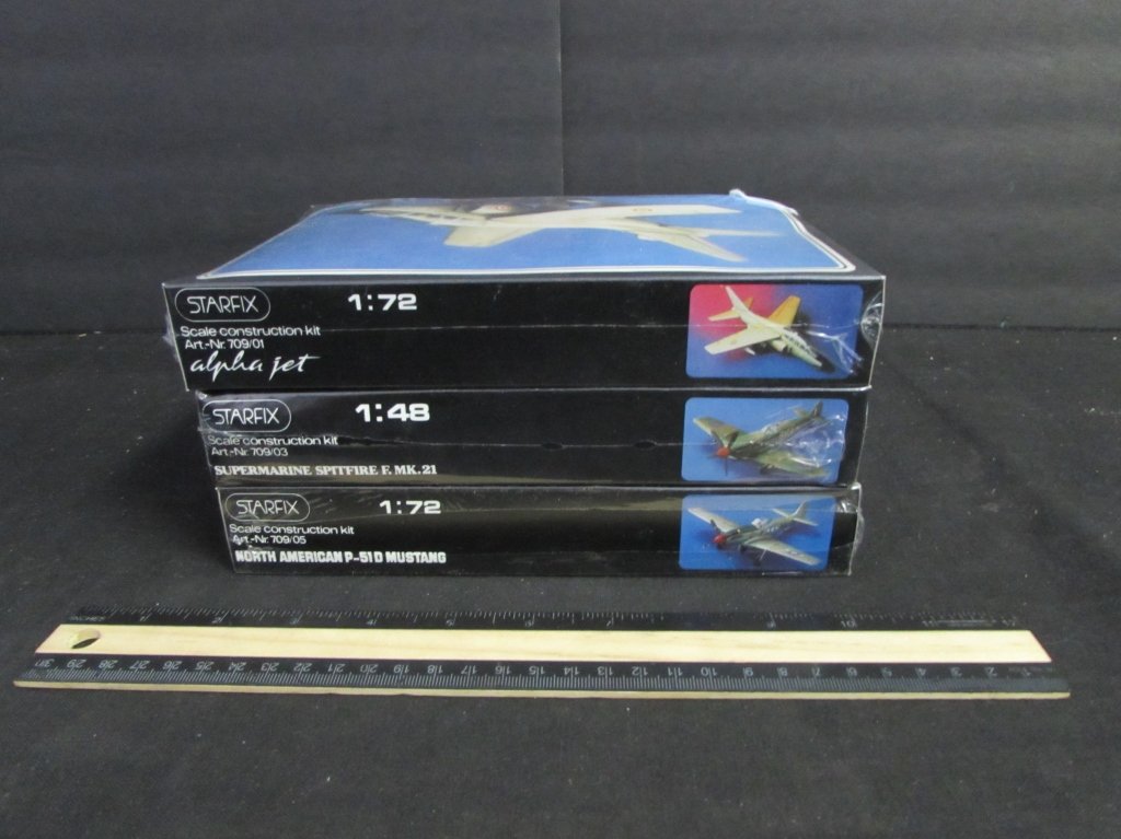 3 PLASTIC AIRCRAFT MODEL KITS: 3 PLASTIC AIRCRAFT MODEL KITS ALL ARE IN ORIGINAL PACKAGING, ALPHA JET, SUPERMARINE SPITFIRE F. MK.21, & NORTH AMERICAN P-51D MUSTANG