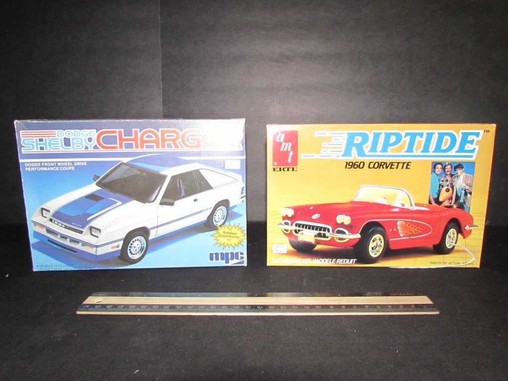 2 PLASTIC CAR MODEL KITS: 2 PLASTIC CAR MODEL KITS RIPTIDE 1960 CORVETTE & DODGE SHELBY CHARGER