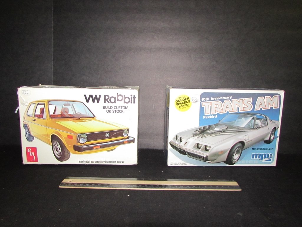 2 PLASTIC CAR MODEL KITS: 2 PLASTIC CAR MODEL KITS VW RABBIT & 10TH ANNIVERSARY TRANS AM