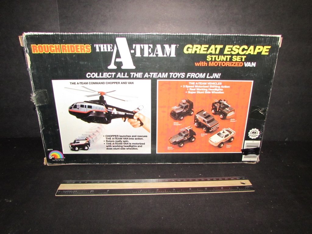 THE A-TEAM GREAT ESCAPE STUNT SET W/ MOTORIZED VAN: THE A-TEAM GREAT ESCAPE STUNT SET W/ MOTORIZED VAN IN ORIGINAL PACKAGING, BATTERY OPERATED, 1983