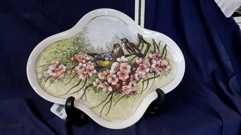 Hand painted vanity tray signed S.G.: hand painted tray with birds and cherry blossoms signed with the initials S.G.15 x 12 (1 small chip on rim)