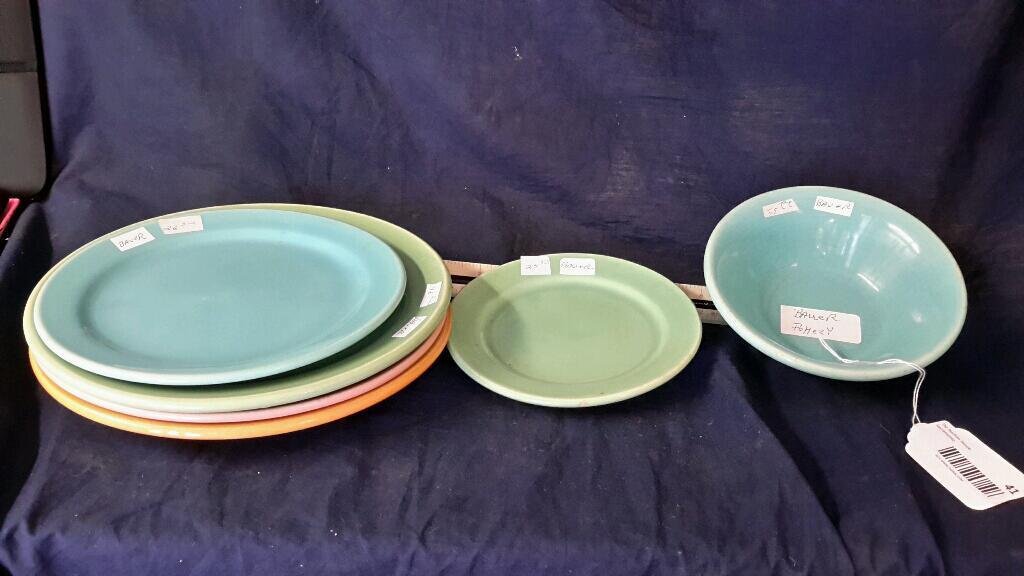 Bauer art pottery plates (5) and 1 bowl: 5 art pottery plates and 1 bowl signed Bauer