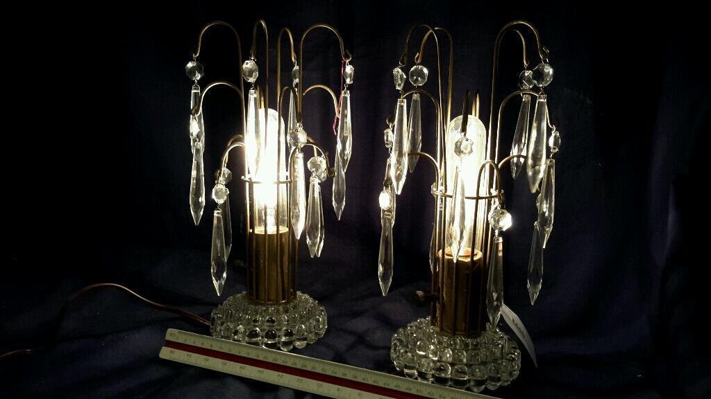 Pair of electric piano lights with crystal prisms: Pair of piano lamps with dangling crystal prisms, 11 in tall, good condition, no missing crystals.