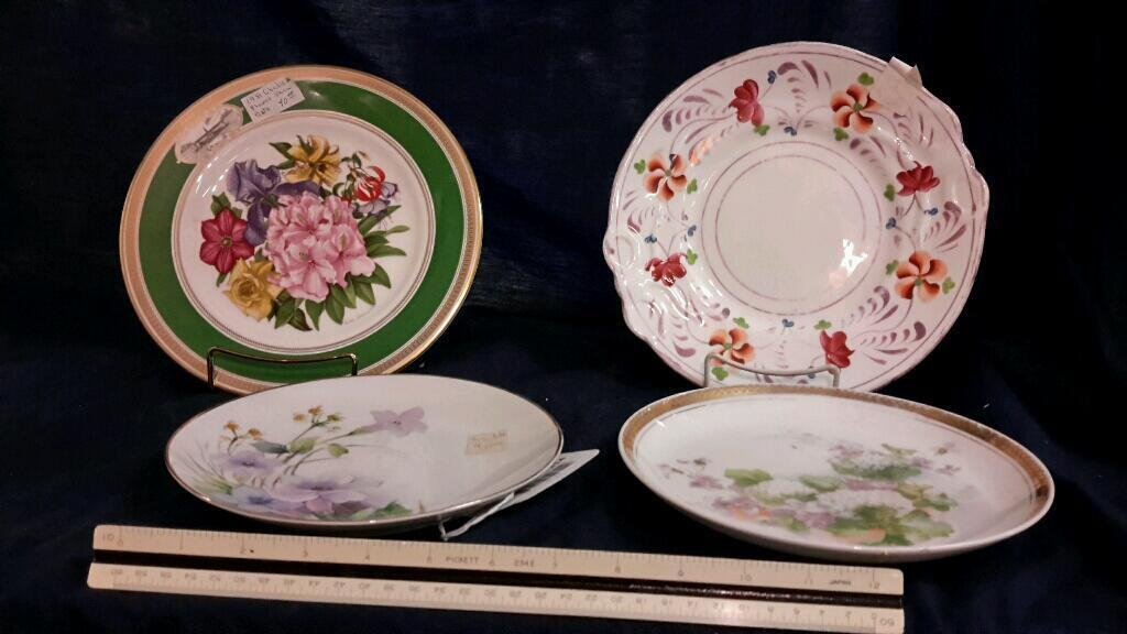 Hand Painted China Collectors Plates (4): 1981 the royal horticultural society Chelsea flower show plate, Nippon hand painted floral plate, Bavaria floral plate, and one unmarked plate. Good condition, unmarked plate has some fading of the pa