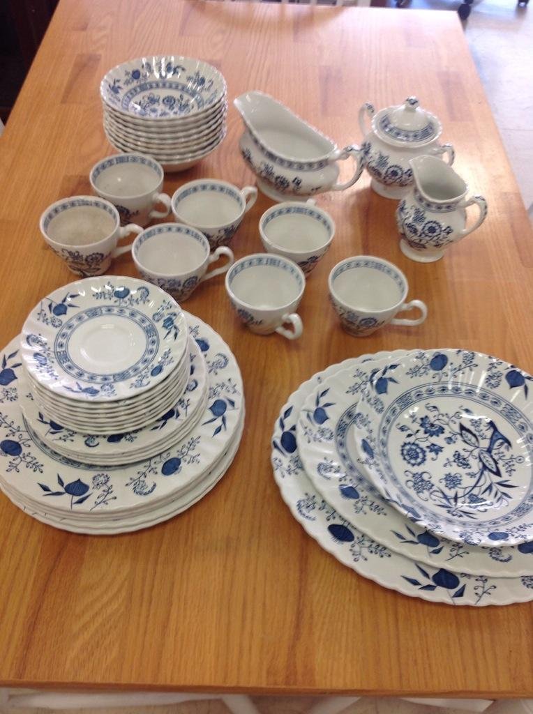 Blue Nordic Dishware (40): Blue and white English ironstone, dinner plates, b&b plates, soup bowls, sauce bowl, cups and saucers, some chips