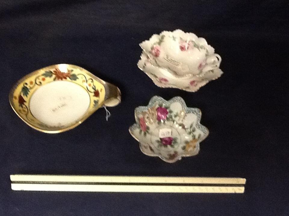 Hand Painted Porcelain Bowls (3): Nippon footed candy bowl, Noritake Nappy, Austria floral design sauce bowl with tray