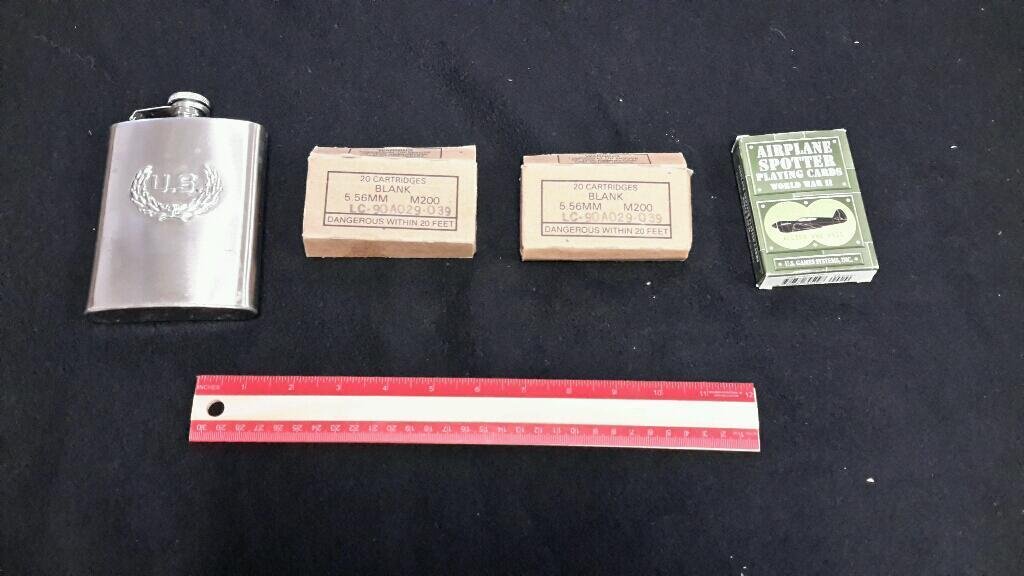 Blank Cartridges, Flask and Playing Cards: 5.56 MM M200 Blank cartridges 20 each (2) plus a U.S. metal flask and a deck of Airplane Spotter WWII Playing Cards