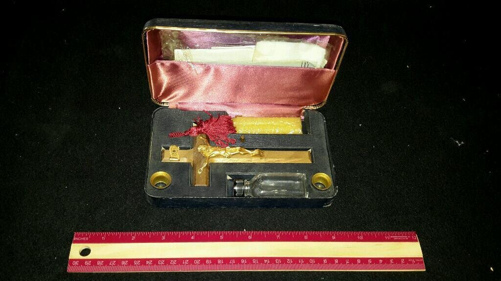 Military Chaplain's Blessing kit: Box with candles, cross, & empty bottle for holy water
