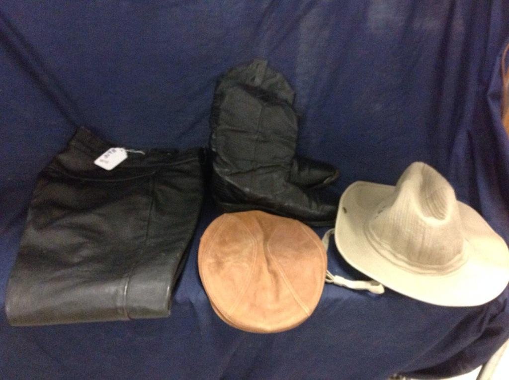 Men's Leather Clothing: Taubers of CA black leather pants, no size indicated, size 8m black leather boots, leather cap, and Banana Republic cloth hat