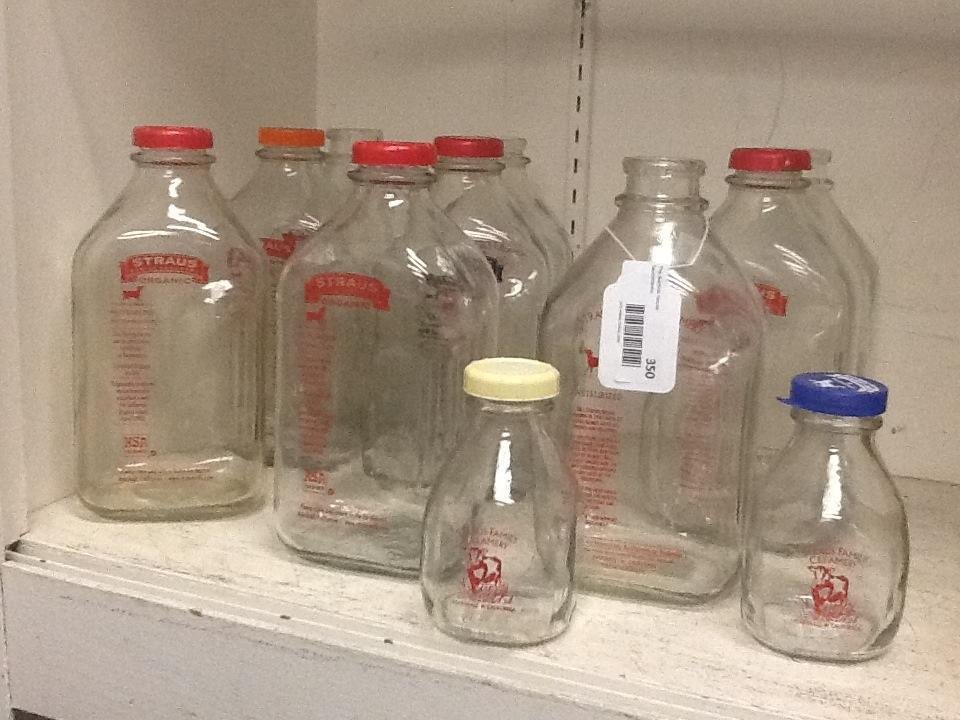 Straus Family Creamery Glass Milk Bottles: 9 large .5 gallon bottles and 2 small 16 oz. bottles