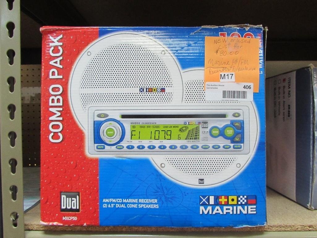 Marine AM/FM CD receiver and speakers: 180 watts, 45 X 4 channels, dual cone 6.5 speaker, in box