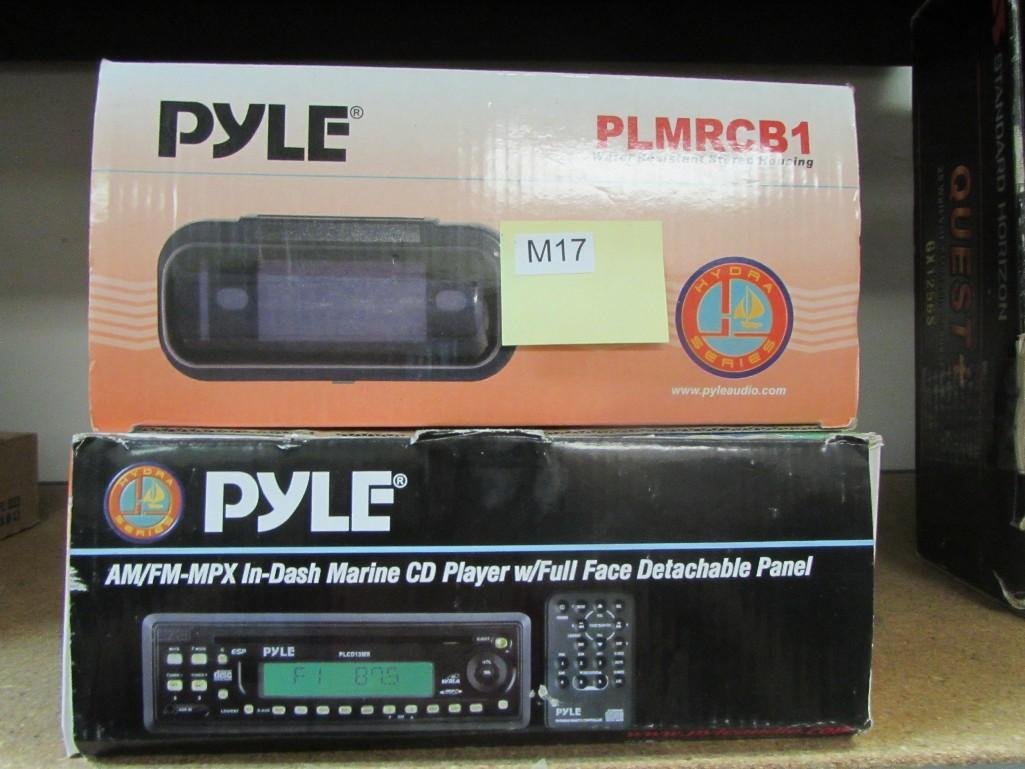 AM/FM indash marine CD player & water resistant stereo: Pyle stereo has full face detachable panel & water resistant stereo housing case, both are in original packaging