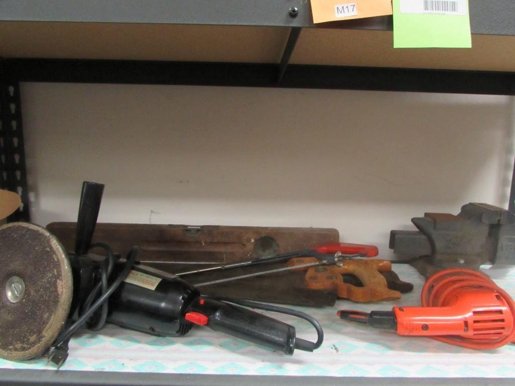 Assorted vintage tools: 2 speed sander/polisher, Black & Decker electric drill, various hand saws and more