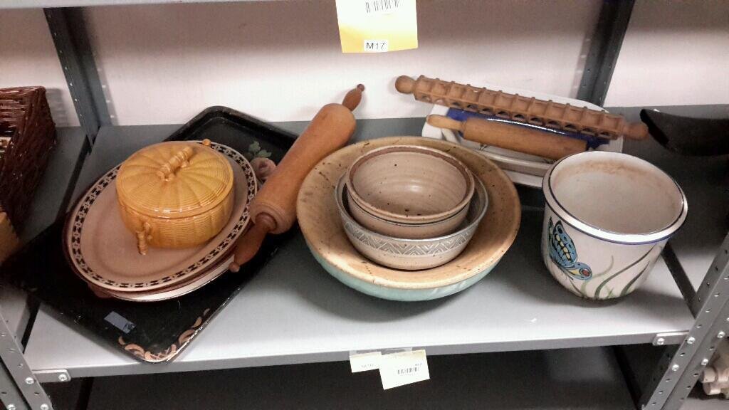Ceramic and Pottery Bowls: Wood rolling pins, Wooden pasta press, metal serving tray, and more.