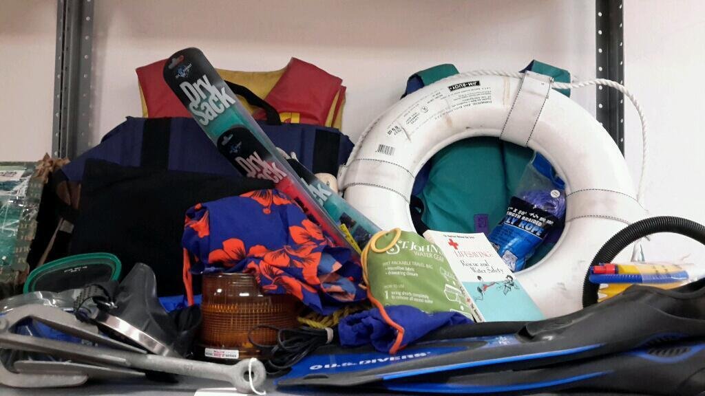 Boating Assortment (shelf lot): Includes life vests, flippers, anchor, and more