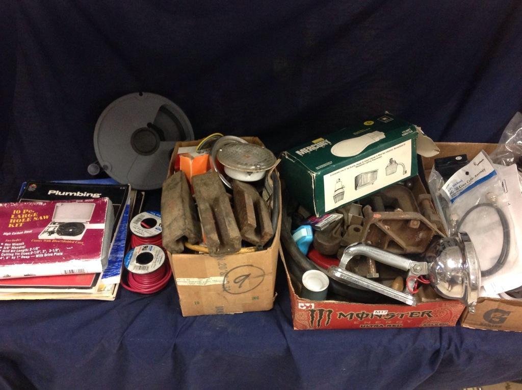 tools, steel wedge pieces, plumbing supplies: plumbing and electrical reference books, 10 pc. large hole saw kit, and more