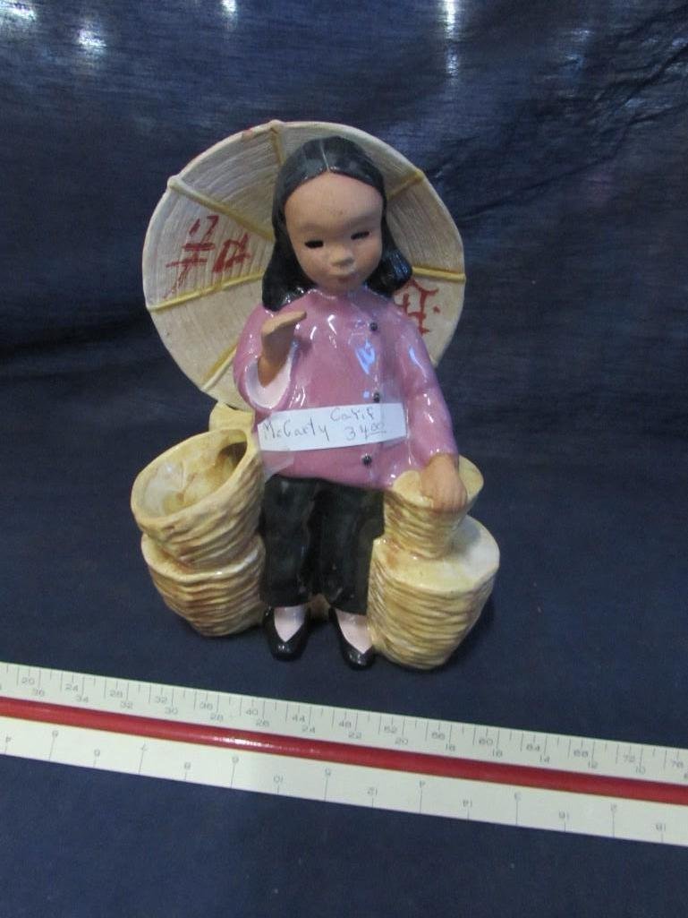 McCarty California Pottery Figurine Vase Planter: Sweet Asian girl with umbrella figurine use as a vase or planter. Right hand looks to be repaired